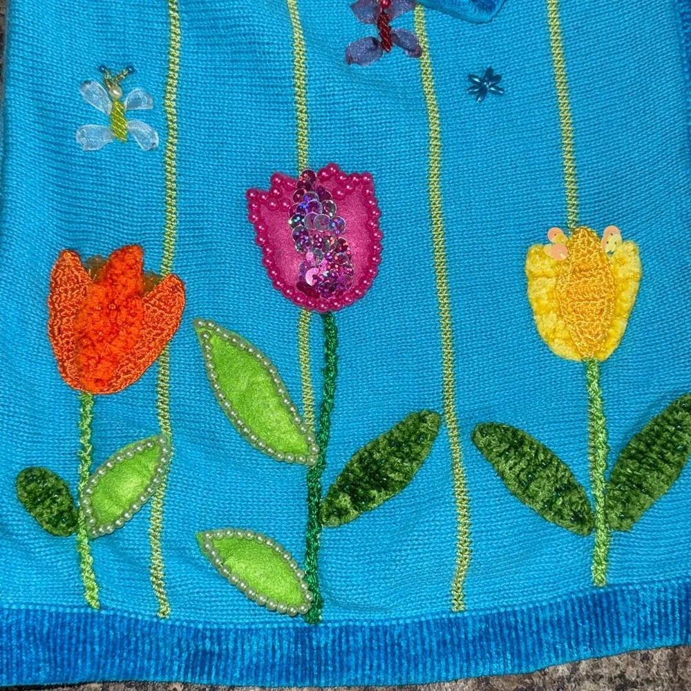 Vintage The Quaker Factory Blue Hand Embroidered Beaded Flowers Bunny Cardigan L - Picture 8 of 16